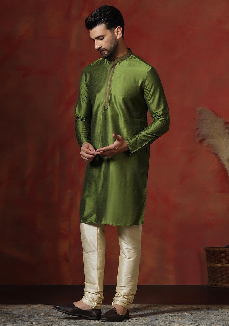 Green Solid Dupion Kurta Churidar Set For Men - Indya