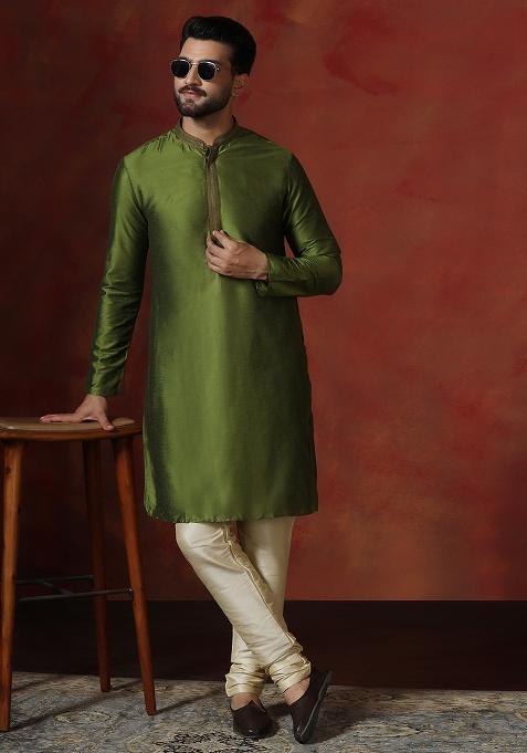 Green Solid Dupion Kurta Churidar Set For Men