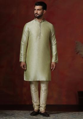 Green Solid Dupion Kurta Churidar Set For Men