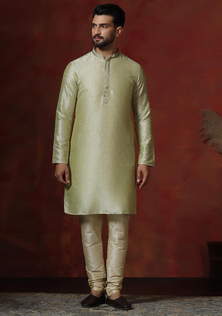 Green Solid Dupion Kurta Churidar Set For Men