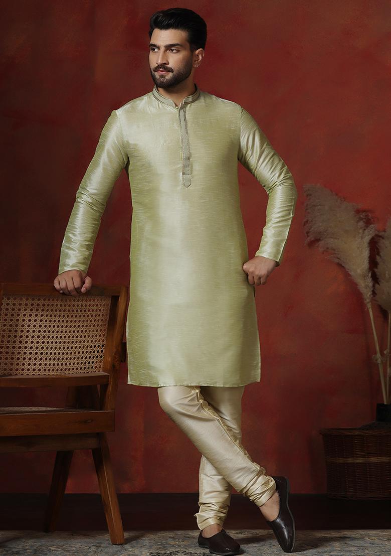 Green Solid Dupion Kurta Churidar Set For Men - Indya