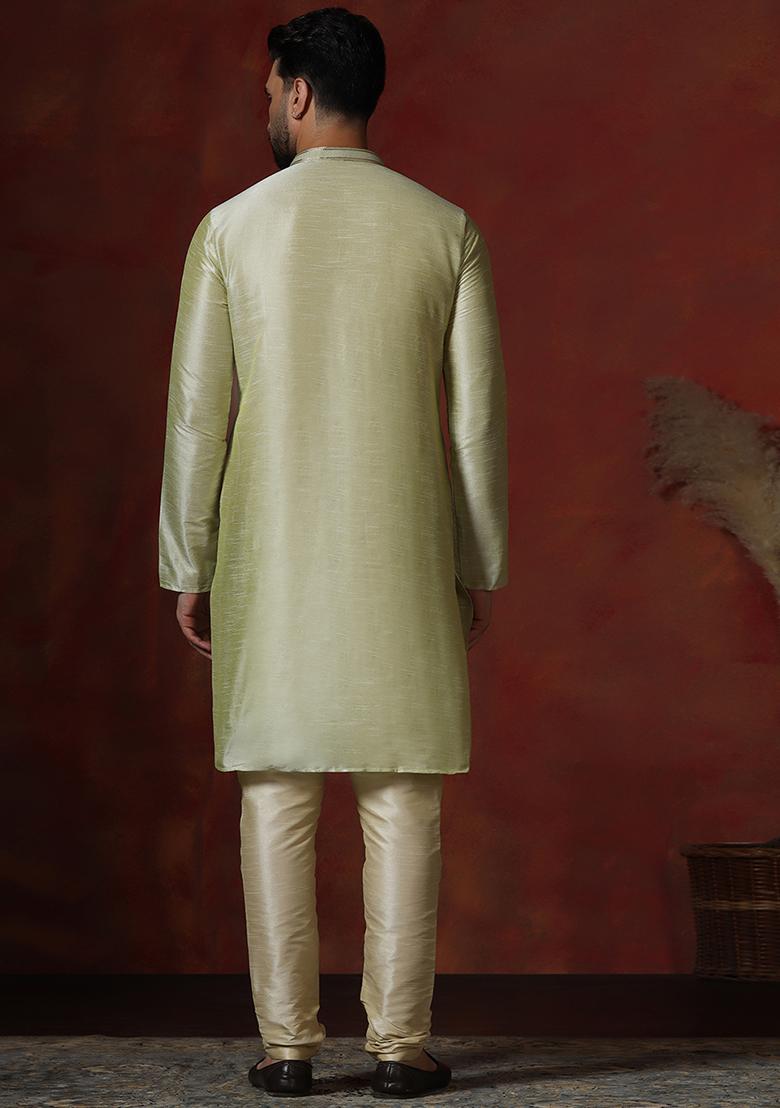 Green Solid Dupion Kurta Churidar Set For Men