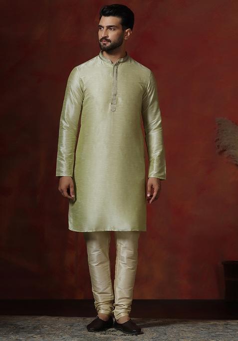 Green Solid Dupion Kurta Churidar Set For Men