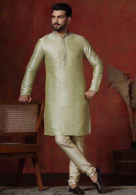 Green Solid Dupion Kurta Churidar Set For Men