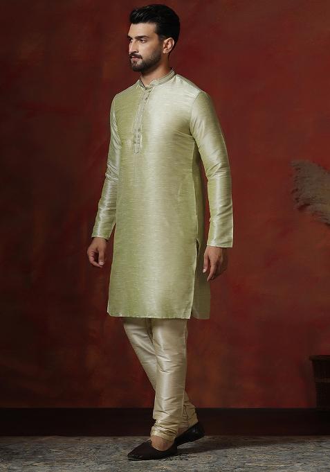 Green Solid Dupion Kurta Churidar Set For Men