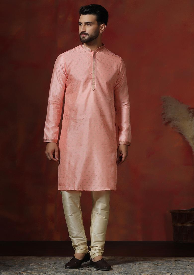 Peach Printed Dupion Kurta Churidar Set For Men