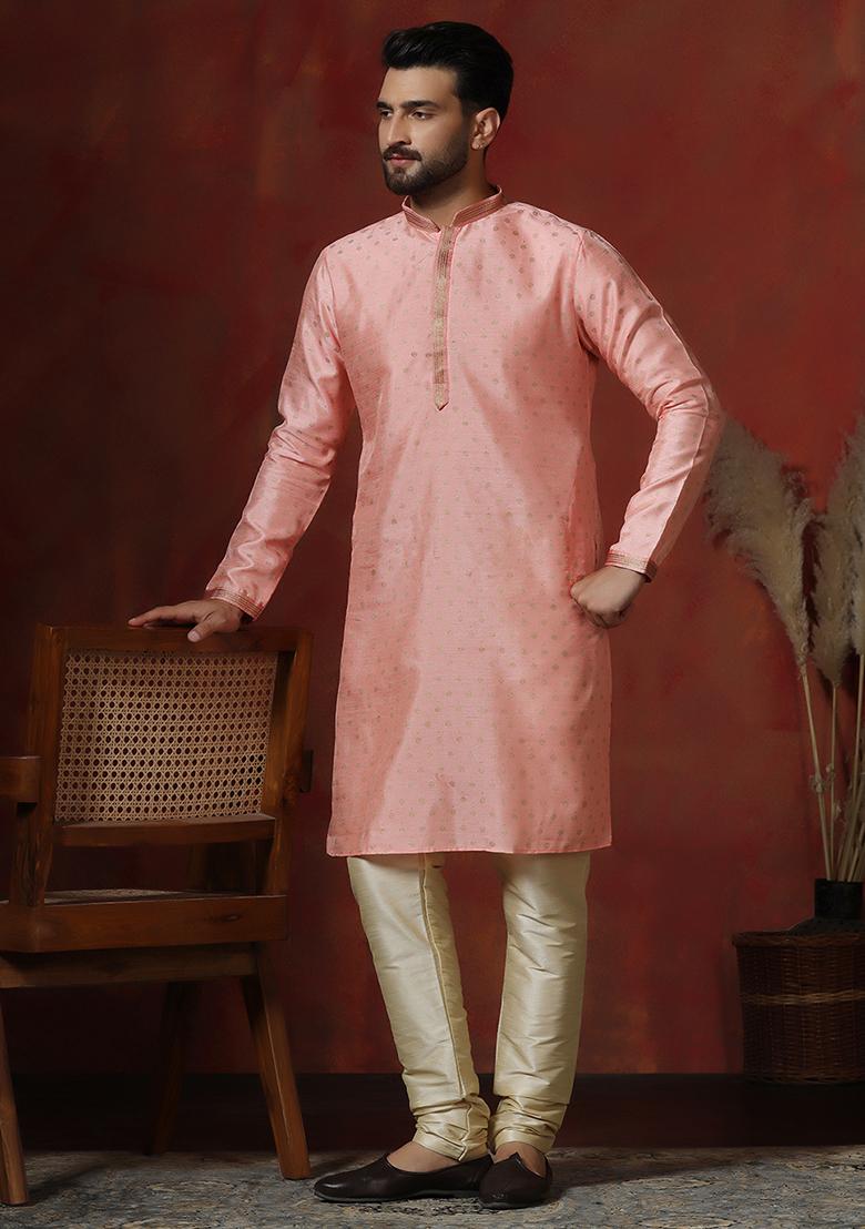 Peach Printed Dupion Kurta Churidar Set For Men - Indya