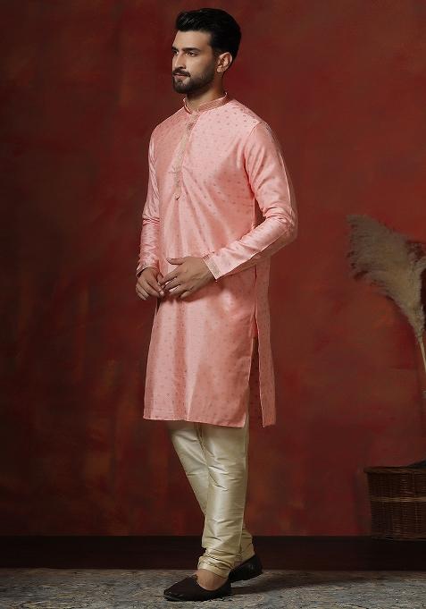 Peach Printed Dupion Kurta Churidar Set For Men