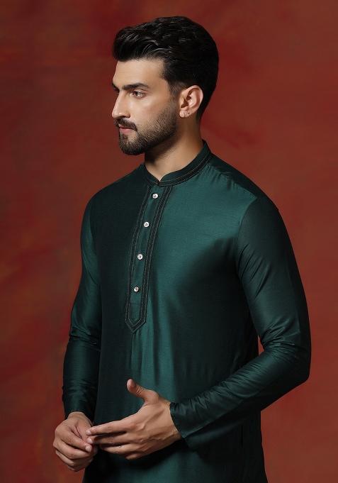 Green Solid Dupion Kurta Churidar Set For Men
