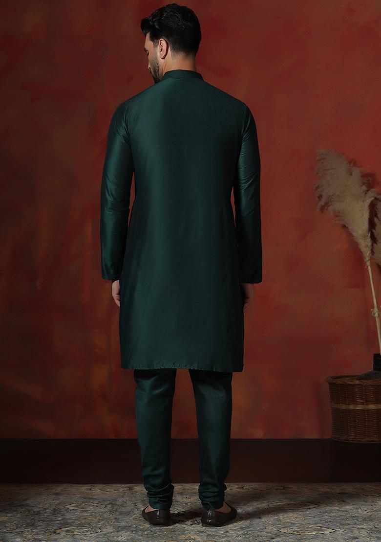 Green Solid Dupion Kurta Churidar Set For Men