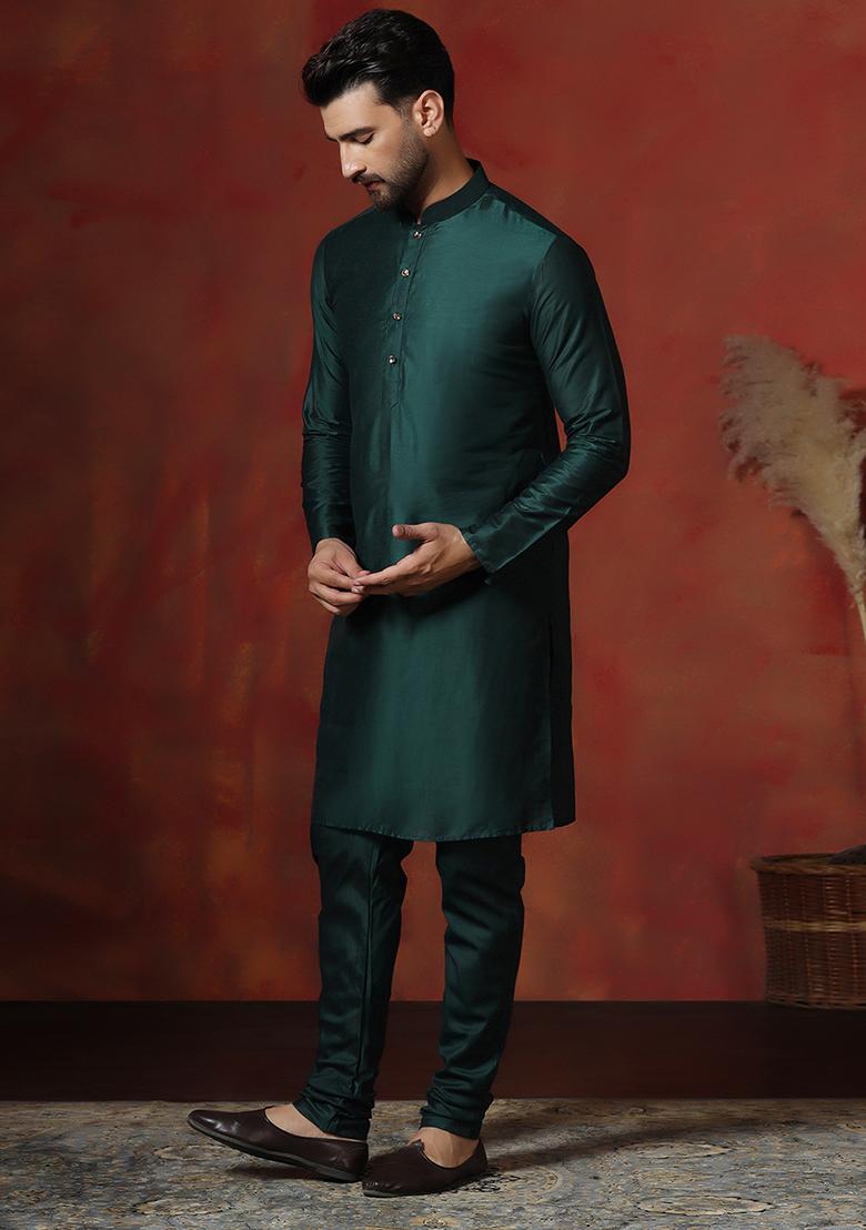 Green Solid Dupion Kurta Churidar Set For Men - Indya