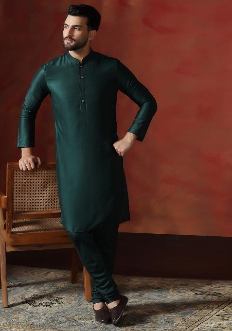 Green Solid Dupion Kurta Churidar Set For Men