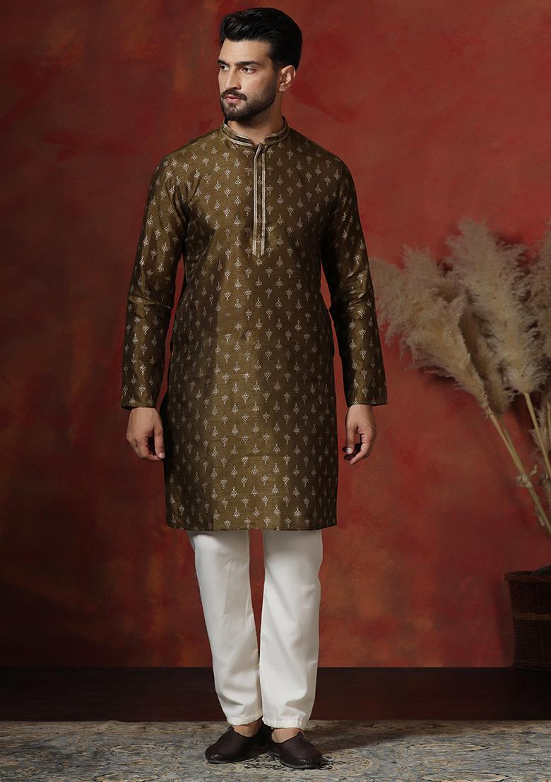Brown Printed Dupion Kurta Pyjama Set For Men