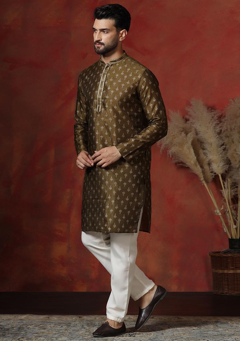 Brown Printed Dupion Kurta Pyjama Set For Men - Indya