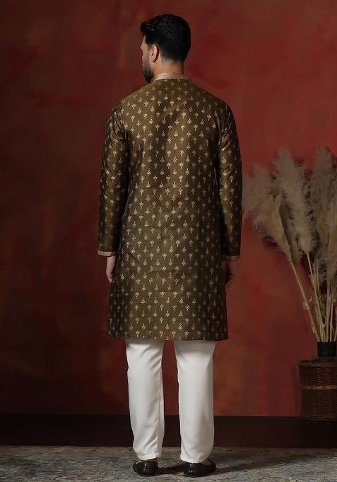 Brown Printed Dupion Kurta Pyjama Set For Men