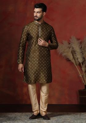 Brown Printed Dupion Kurta Pyjama Set For Men