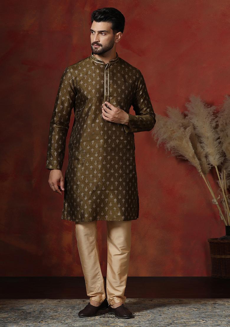 Brown Printed Dupion Kurta Pyjama Set For Men