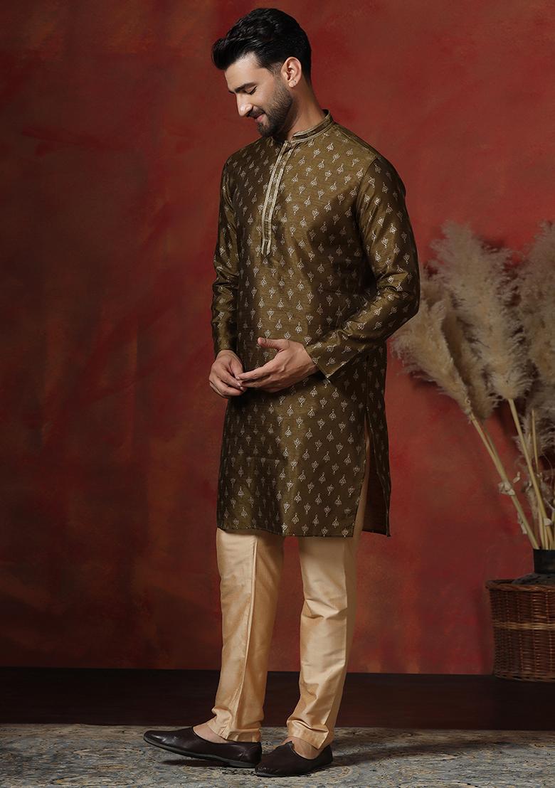 Brown Printed Dupion Kurta Pyjama Set For Men - Indya