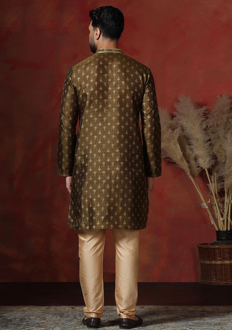 Brown Printed Dupion Kurta Pyjama Set For Men