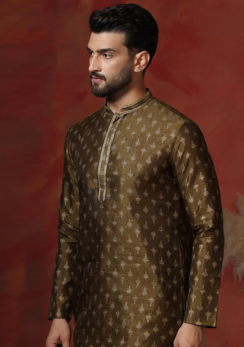 Brown Printed Dupion Kurta Pyjama Set For Men - Indya