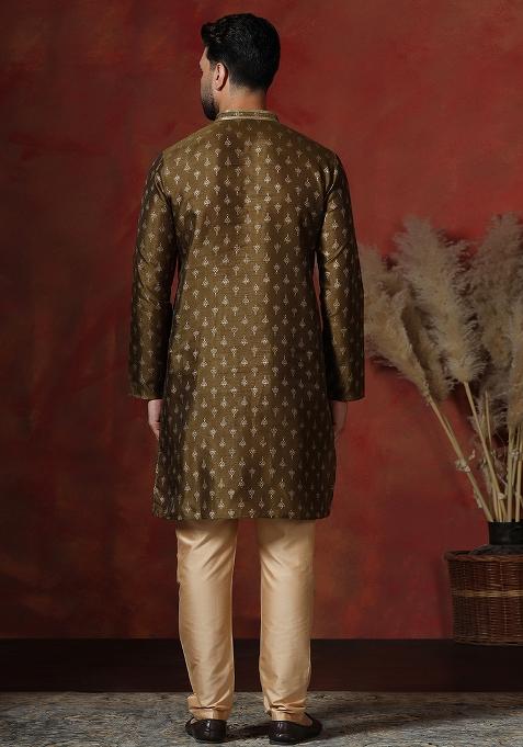 Brown Printed Dupion Kurta Pyjama Set For Men