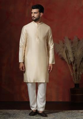 Cream Solid Dupion Kurta Pyjama Set For Men