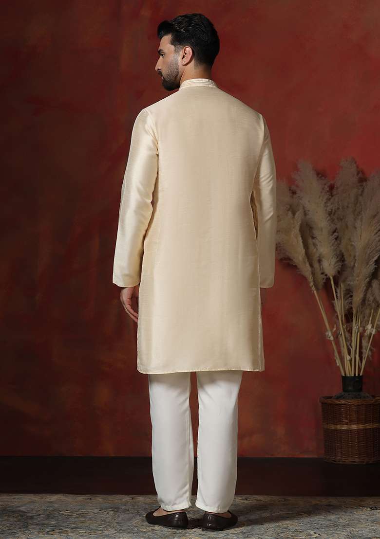 Cream Solid Dupion Kurta Pyjama Set For Men - Indya