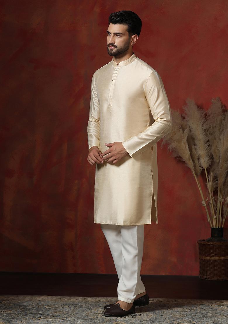 Cream Solid Dupion Kurta Pyjama Set For Men - Indya