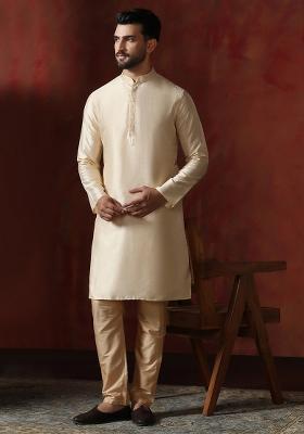 Cream Solid Dupion Kurta Pyjama Set For Men