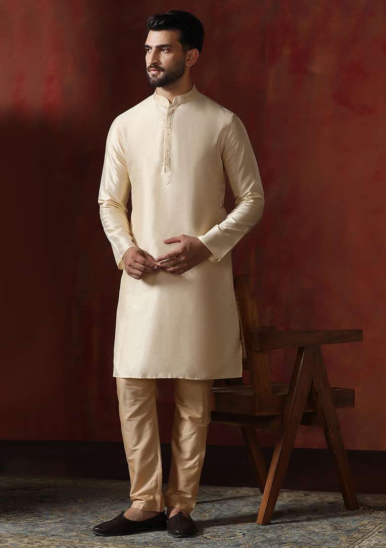 Cream Solid Dupion Kurta Pyjama Set For Men - Indya