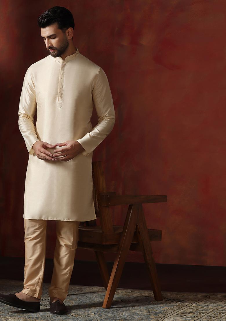 Cream Solid Dupion Kurta Pyjama Set For Men - Indya