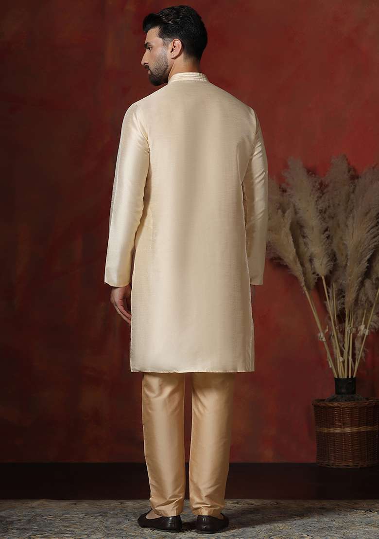 Cream Solid Dupion Kurta Pyjama Set For Men - Indya