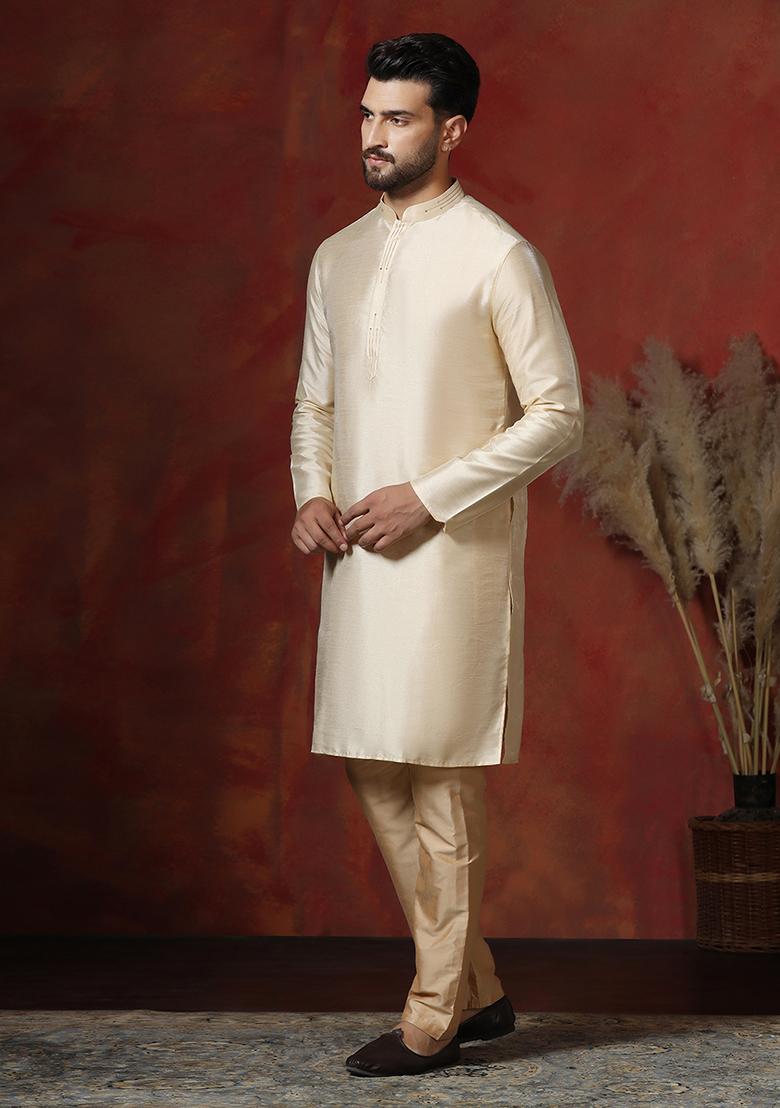 Cream Solid Dupion Kurta Pyjama Set For Men - Indya