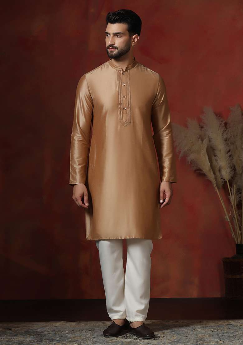 Beige Solid Dupion Kurta Pyjama Set For Men - Indya