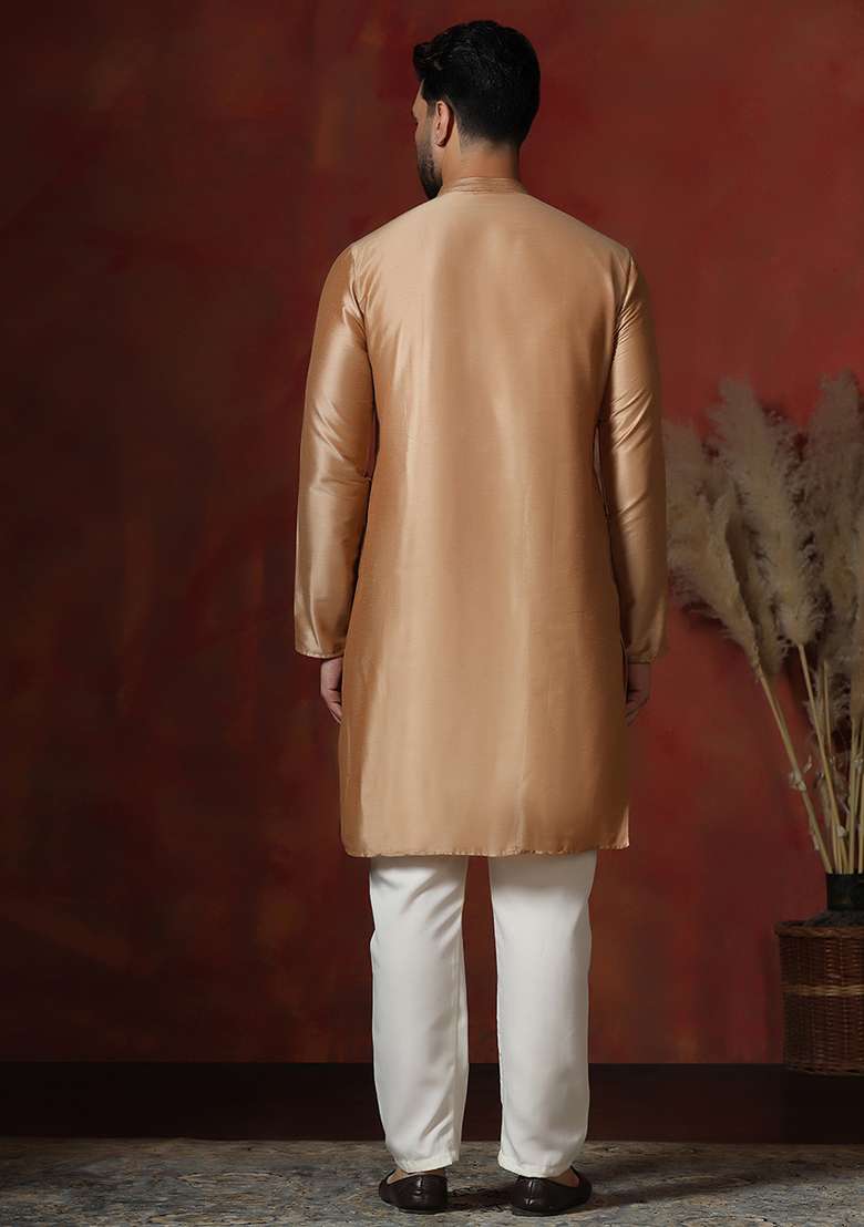 Beige Solid Dupion Kurta Pyjama Set For Men - Indya