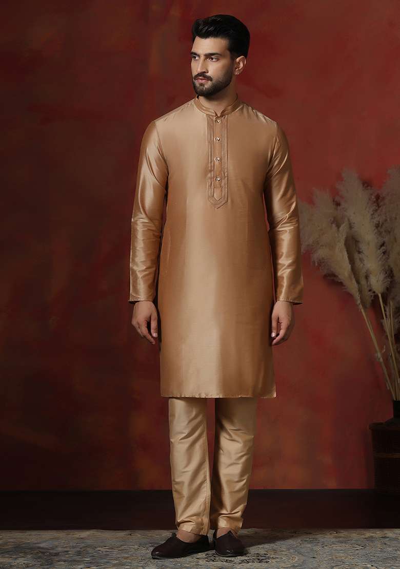 Beige Solid Dupion Kurta Pyjama Set For Men - Indya