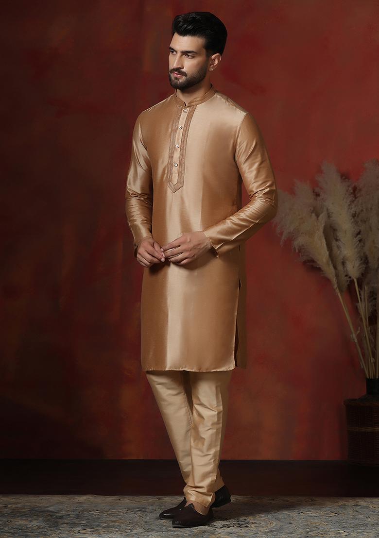 Beige Solid Dupion Kurta Pyjama Set For Men - Indya