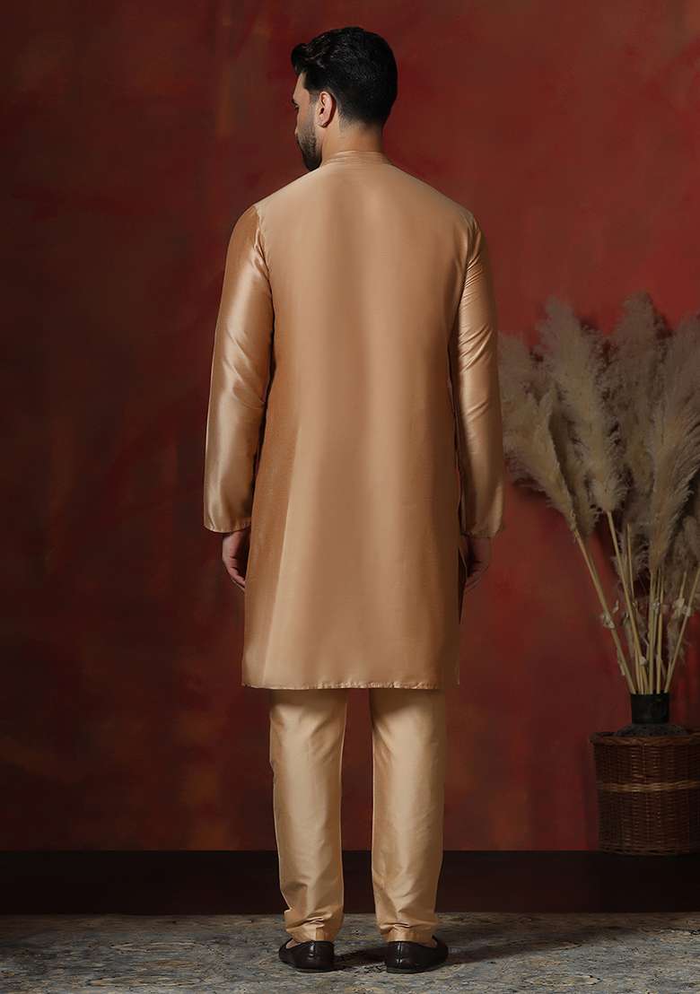 Beige Solid Dupion Kurta Pyjama Set For Men - Indya