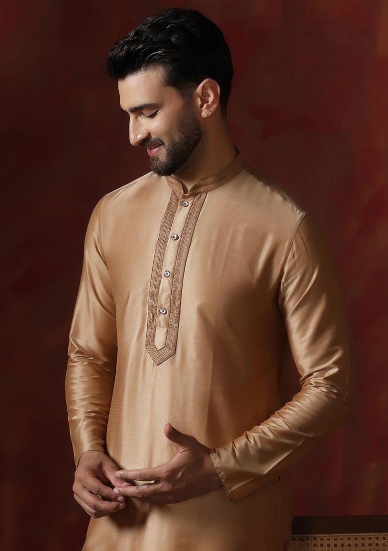 Beige Solid Dupion Kurta Pyjama Set For Men - Indya