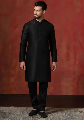 Black Solid Dupion Kurta Churidar Set For Men
