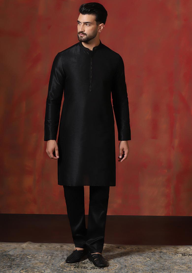 Black Solid Dupion Kurta Churidar Set For Men