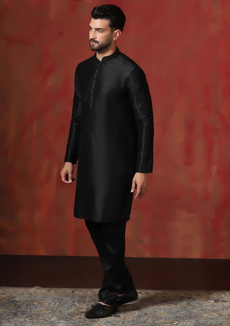 Black Solid Dupion Kurta Churidar Set For Men