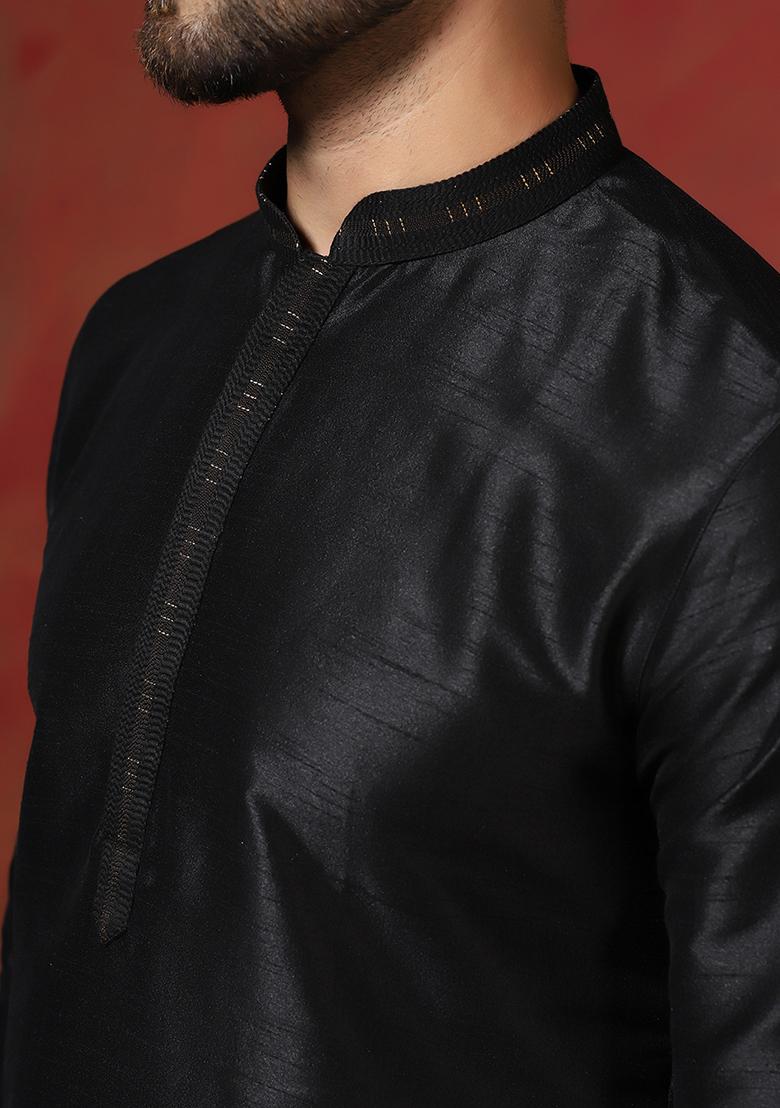Black Solid Dupion Kurta Churidar Set For Men - Indya