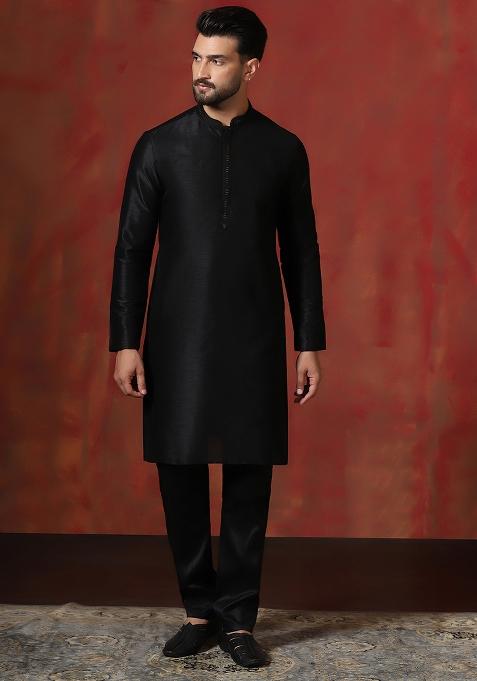 Black Solid Dupion Kurta Churidar Set For Men