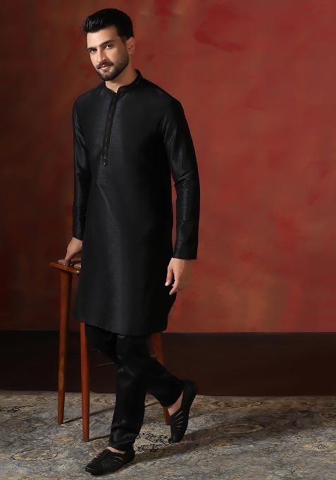 Black Solid Dupion Kurta Churidar Set For Men