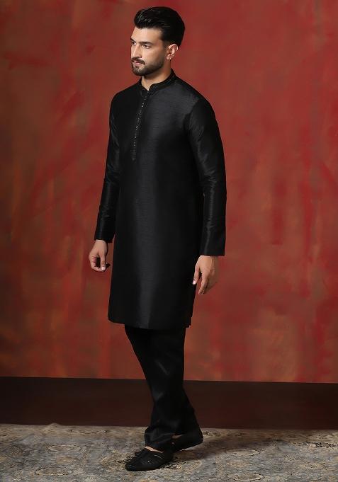 Black Solid Dupion Kurta Churidar Set For Men