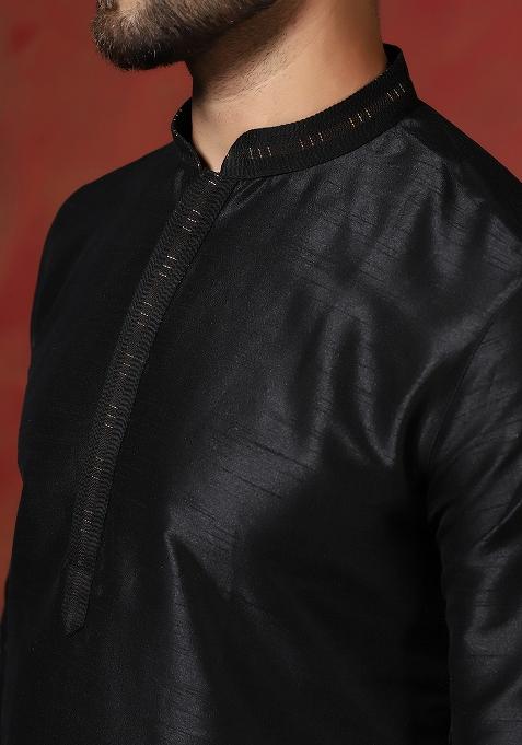 Black Solid Dupion Kurta Churidar Set For Men