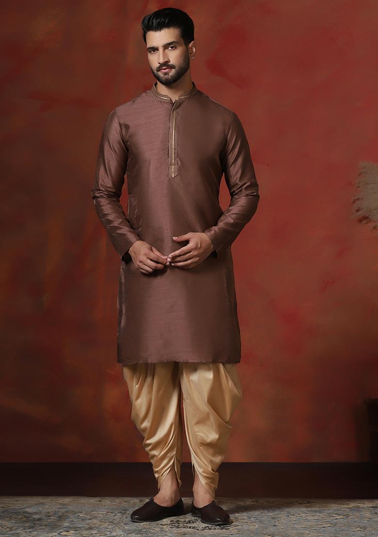 Brown Solid Dupion Kurta Dhoti Set For Men