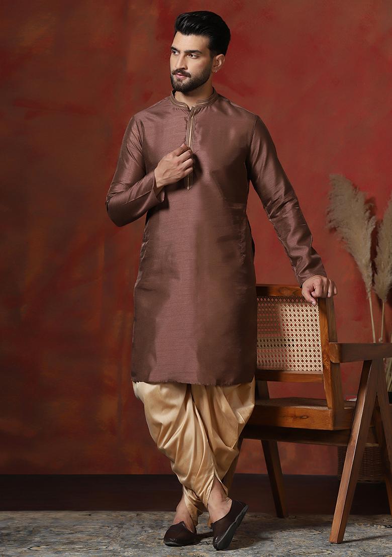 Brown Solid Dupion Kurta Dhoti Set For Men - Indya