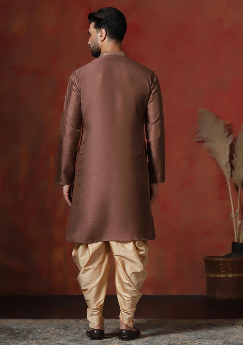 Brown Solid Dupion Kurta Dhoti Set For Men